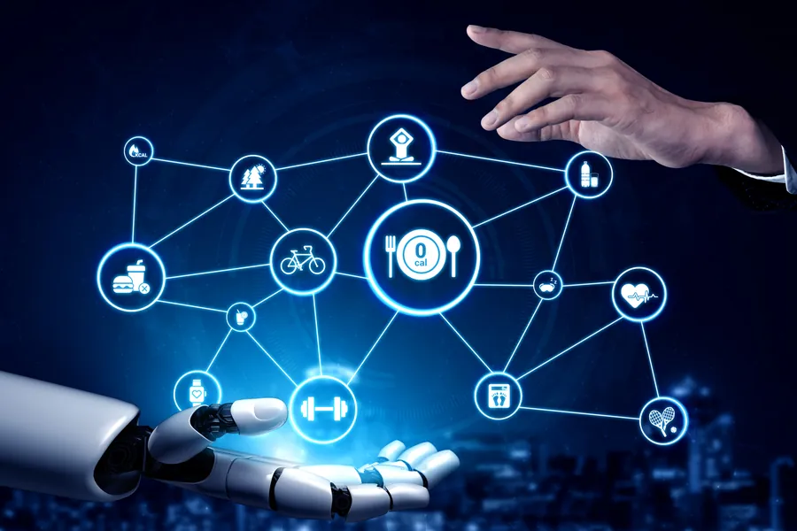 Robot hand and human hand reaching out with digital connecting dots overlay